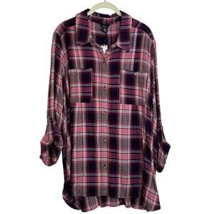Intro Womens Tunic Top Size 2X Purple Pink Plaid Button Up Roll Tab Long Sleeve